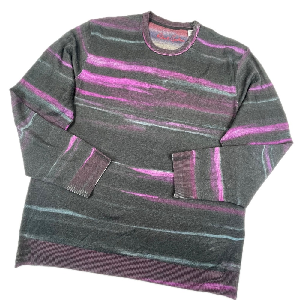Robert Graham Vividstroke Wool Sweater Abstract Stripe XL Charcoal Purple Mens